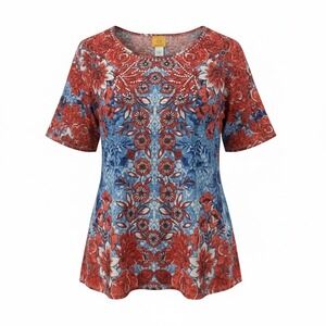 Ruby Rd Womens Floral Medallion Rhinestone Scoop Neck Top Red Blue Large